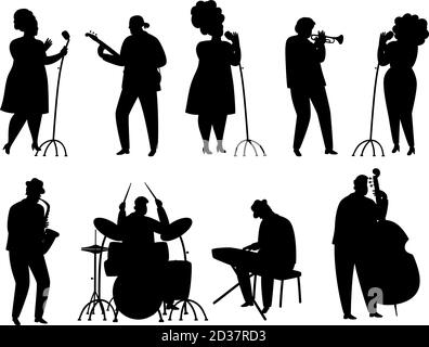 Black Silhouette Jazzmusiker, Sänger und Schlagzeuger, Pianist und Saxophonist. Illustration von musikalischen Menschen, Gitarrist und Trommel Stock Vektor