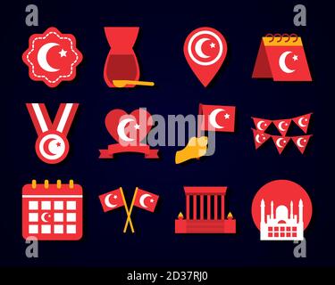 Kalender und türkei republik Tag Symbol auf schwarzem Hintergrund gesetzt, flache Stil, Vektor-Illustration Stock Vektor