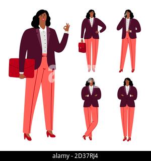 Moderne afroamerikanische Geschäftsfrau Vektor-Charakter-Design. Illustration einer afroamerikanischen erwachsenen, erfolgreichen Führerin Stock Vektor