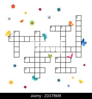Vektor Kreuzworträtsel Vorlage mit Farbe Schmetterlinge und Blumen isoliert auf Weißer Hintergrund Stock Vektor