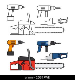 Elektrische Werkzeuge für Hausreparatur - Kettensäge, Bohrer, Puzzle Vektor-Linie Symbole Set. Säge und Strom, Bohrscheibe, kreisförmige Kettensäge Abbildung Stock Vektor