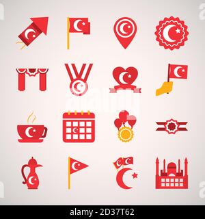 Dekorative Wimpel und türkei republik Tag Symbol auf weißem Hintergrund gesetzt, flachen Stil, Vektor-Illustration Stock Vektor