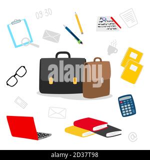 Koffer, Schreibwaren, Bücher, Notizblock Vektor-Symbole. Inhalt der Lehrertasche. Business- und Büroobjekt, Koffer und Papier, Schreibwaren und Aktentasche Illustration Stock Vektor