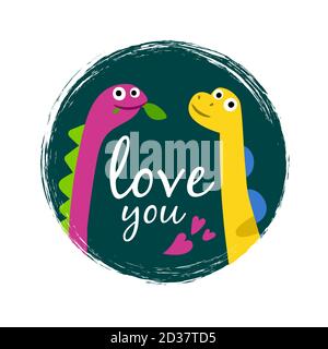 Love you Grunge Vektor-Banner mit zwei niedlichen Dinosaurier. Dinosaurier Cartoon Baby für Druck T-Shirt Illustration Stock Vektor