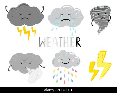 Bedeckt Wetter Cartoon Charakter Wolken isoliert auf weißem Hintergrund, Vektor-Illustration Stock Vektor