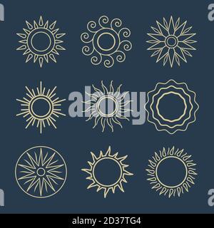 Abstrakte Sonnensymbole. Vektor-Sonnen-Symbole, Sommer Sonnenschein Umriss Illustrationen, Frühling oder sonnig, Sonnenlicht oder Sonnenelemente Symbol auf blauem Hintergrund isoliert gesetzt Stock Vektor