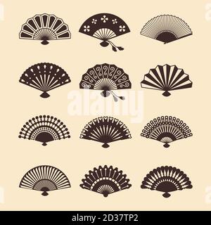 Vintage elegante orientalische Fans von Set-Vektor-Silhouetten. Orientalischer Fan chinesisch, Dekoration japanische Souvenir Illustration Stock Vektor