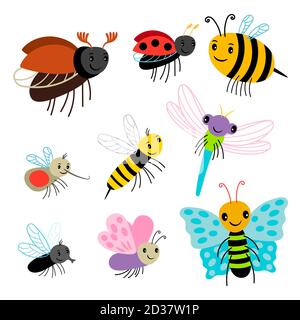 Fliegende Insekten Vektor-Sammlung - Cartoon Biene, Schmetterling, Dame Bug, Libelle isoliert auf weißem Hintergrund. Insektenfliege, Libelle und Bienen Illustration Stock Vektor