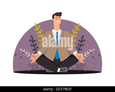 Glücklicher Geschäftsmann. Meditation Vektor Konzept isoliert. Illustration Mann Meditation Yoga, Körper entspannen und meditieren Stock Vektor
