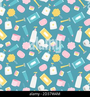 Hygieneprodukte und Zubehör Vektor nahtlose Muster. Hygiene Muster Zubehör, Produkt Creme und Seife Illustration Stock Vektor