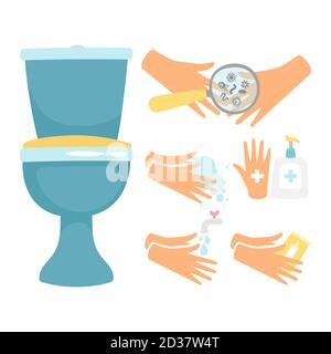 Hygiene nach Toilette Vektor Illustration, flaches Design. Hygiene-WC, reinigen und waschen Sie die Hände Stock Vektor