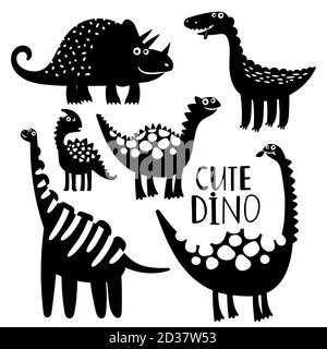 Schwarz-weiß Dinosaurier Vektor des Satzes. Silhouette prähistorische Tiere, jurassic Reptile Monster Illustration Stock Vektor