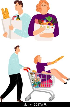 Menschen mit Einkaufswagen, Mann und Frau. Vektor-Kunde mit Lebensmitteln im Geschäft Supermarkt Illustration Stock Vektor