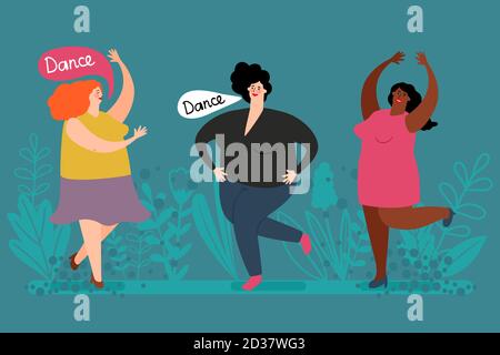 Glücklich plump Frauen tanzen Vektor. Cute fettige Damen und Pflanzen Illustration. Charakter plump Frau, übergewichtig tanzen Menschen Stock Vektor