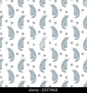 Cute Cartoon Katze und Fußabdrücke nahtlose Muster. PET-Fußabdruck, Katze nahtlose Musterdarstellung Stock Vektor
