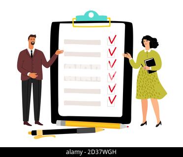 Checkliste Konzept. Zeitmanagement, Darstellung des Untersuchungsvektors. Zu tun Liste, Geschäftsleute und Schreibwaren Stock Vektor