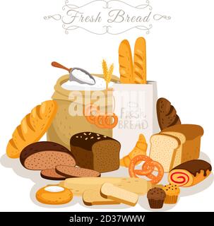 Cartoon, Brotmehl und Gebäck. Französisches Baguette und Frühstückscroissant, Bäckerei-Snacks und Schokoladenkuchen, Gebäck Brezel, Brötchen und Laib Roggen Brote in Scheiben Vektor-Illustration Stock Vektor