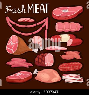 Abbildung Würstchen. Frisches Fleisch und gekochte Wurst, Salami und Huhn, roh geschnittenes Schweinefilet und gekochter Schinken für Grillgerichte und Gourmet-Shopping Vektor Illustration Stock Vektor