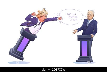 Präsidentschaftsdebatten zwischen Donald Trump und Joe Biden. Wütender Anwärter versucht, eine Sprechblase zu schlagen 'wirst du den Mund halten, Mann?' Politische Karikatur. Stock Vektor