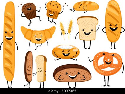 Brotscheiben. Lustige leckere Backwaren, Cartoon glückliche Brote Gesichter Charakter-Set, Kawaii Croissant und Gebäck, süße Schokolade Muffin und Baguette Ausdruck Vektor-Illustration Stock Vektor