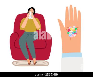 Stoppen Sie die Depression. Beruhigungsmittel Pillen, Beruhigungsmittel Vektor Illustration. Weinende Frau und Hand mit Drogen Stock Vektor