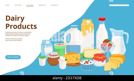 Landing Page für Milchprodukte. Bauernhof Milch, Joghurt, Käse Vektor Web-Banner Stock Vektor