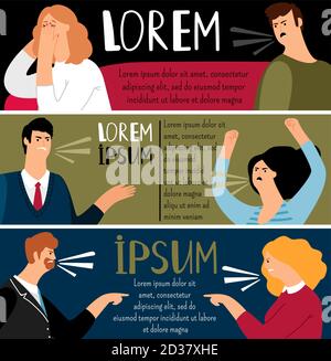 Streit-Beziehung. Unglücklich wütend Paar gesetzt, Cartoon verheiratet Mann und Frau junge Menschen kämpfen Streit Konflikt Vektor Illustration Stock Vektor