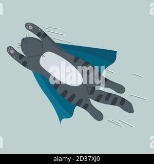 Fliegende tabby supercat in hellblauem Cape. Vektor im Cartoon-Stil Stock Vektor