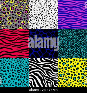 Set mit Tierhautmustern. Leopard Spots und Zebra Streifen Hintergründe, Safari Giraffe, Dschungel Schlange drucken nahtlose Textur Frames, bunte abstrakte Tiere Häute, Vektor-Illustration Stock Vektor