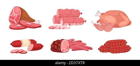Vector Fleisch, Huhn und Würstchen, Salami. Abbildung: Frische landwirtschaftliche Fleischprodukte Stock Vektor