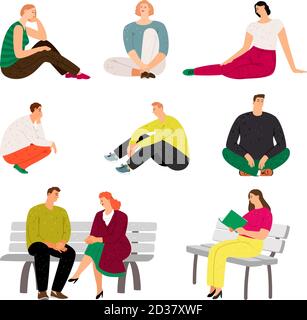 Ruhende Menschen. Sitzende und entspannende Casual Männer und Frauen Vektor-Illustration, Vielfalt ausgeruht Zeichen im Urlaub, zu Hause Sofa, auf Parkbank, glückliche Rest Personen isoliert auf weiß Stock Vektor