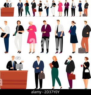 Warteschlangenzeile für den Kundendienst. Menschen warten Reihe, Vektor Menge von Geschäftsleuten und Frauen Cartoon-Personen stehen in der langen Linie und warten isoliert auf whi Stock Vektor