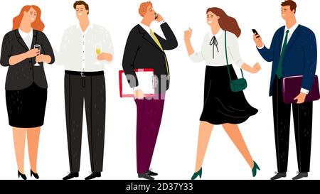Lächelnde Büroleute. Glückliche Geschäftsfiguren, lässige Mitarbeiter mit Lächeln, zufrieden Cartoon Büro Männer und Frauen auf weißem Hintergrund isoliert Stock Vektor
