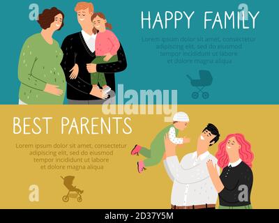 Banner zur Elternschaft. Glückliche Familie beste Eltern Vektor Hintergrund. Nette lächelnde Mütter Väter und Kinder Stock Vektor