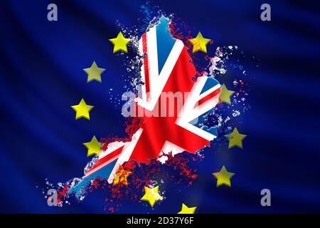 Britische Flagge sinkt auf europäische Flagge, die den Brexit des Vereinigten Königreichs mit Europa repräsentiert. Politisches und geschäftliches Konzept Stockfoto