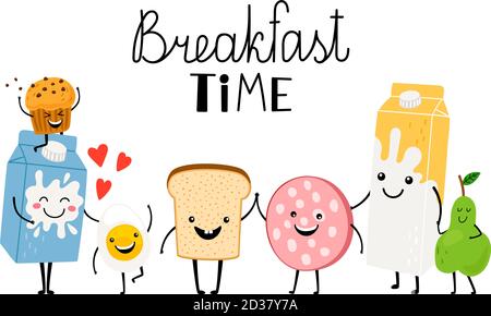 Frühstück, Zeichen Brot Milch und Essen. Vector lecker Toast, komische lustige Zutat für Morgen Illustration Stock Vektor