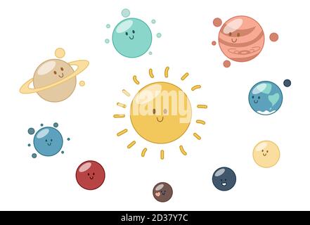 Solaranlage. Acht Planeten, Pluto und die Sonne. Vektor-Illustration in niedlichen Cartoon-Stil Stock Vektor