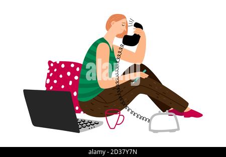 Mädchen am Telefon sprechen. Retro-Telefon, Laptop, Mädchen Freiberufler arbeitet zu Hause Vektor-Illustration Stock Vektor