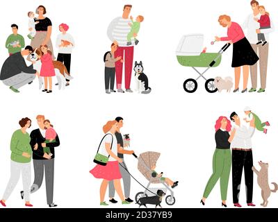 Situation der Eltern. Glückliche Familie mit Kindern und Hund zu Hause und im Park in der Liebe verbringen Zeit zusammen Vektor-Illustration Stock Vektor