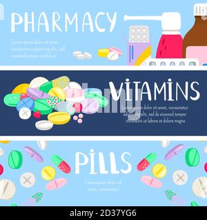Vorlage für Medikamentenbanner. Apotheke, Vitamine und Pillen Vektor Banner Stock Vektor