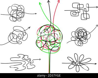 Verwirrende schwierige Pfeile. Wirren Sie Scribbles mit Pfeil, einfache Linien Knoten Designs, Chaos verworren Zeichnungsdrähte oder chaotisch Scribble Fäden isoliert auf weißem Hintergrund, Vektor-Illustration Stock Vektor