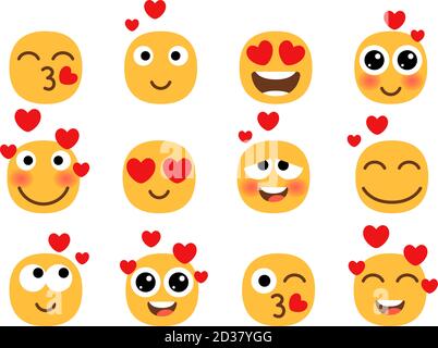Love Eyes Emoticons Vektor Love Eyes Emoticons Facesfaces. Gelbe liebende Spaß Emoticon Set, Humor Stimmung Smileys mit Herzen, süße Cartoon Emoji-Zeichen auf weißem Hintergrund isoliert Stock Vektor