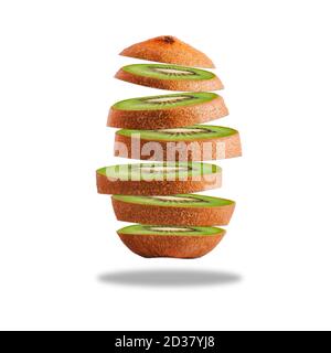 Reinigen und isolieren Kiwi schweben auf weißem Hintergrund. Hochauflösendes Bild. Gesundheitskonzept und gesunde Ernährung auf Levitation Stockfoto