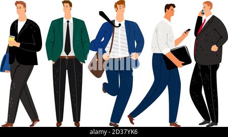 Geschäftsleute mit Kaffee und Handy, Gehen und Stehen, isoliert auf weißem Hintergrund, Vektor-Illustration Stock Vektor