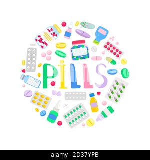 Medikamente und Medikamente. Behandlungspillen und Schmerztabletten. Apotheke rundes Banner, Vektor-Illustration Stock Vektor