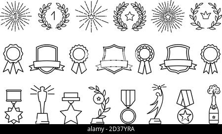 Lineare Auszeichnungen. Skizzieren Sie Vektor-Symbole, Linien erreicht Trophäe und Lorbeerkranz, schwarze Linie Cup Preise und Gewinner Abzeichen Belohnungen Stock Vektor
