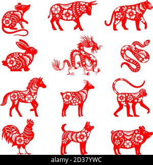 Traditionelle chinesische Tierkreisbilder. Vektor china Horoskop Tier Symbole, Stier und Maus, Schwein und Drachen Vektoren für Papercut Stock Vektor