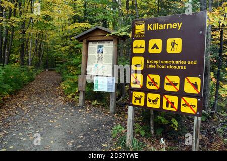 Herbstbaumfarben am Eingang und Ausgangspunkt des Crack Trail im Killarney Provincial Park, Ontario, Kanada. Stockfoto