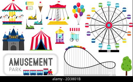 Vergnügungspark-Elemente. Riesenrad und Achterbahn, Karnevalsfahrten und fröhliche Familienspiele, Amuse Parks Messegelände Symbole für Tickets und Plakate, Vektor-Illustration Stock Vektor