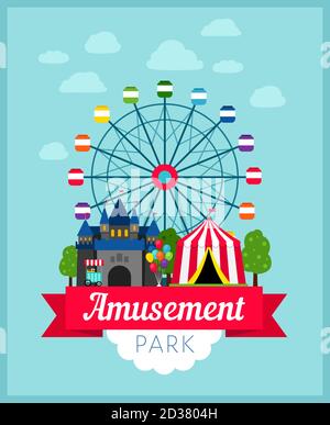 Vergnügungspark-Poster. Kinder Unterhaltung Spaß fair Park Hintergrund für Einladungen, Karneval Thema Bild mit Karussell, Festival Zelte und lustige Party Fahnen Stock Vektor